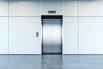Elevator with metal doors, white blank wall, and concrete floor. AI generated illustration.