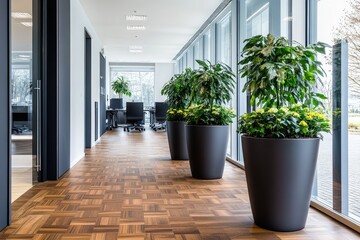 Modern open space office with black furniture and large windows. AI generated illustration.