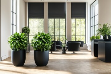 Fototapeta premium Modern open space office with black furniture and large windows. AI generated illustration.