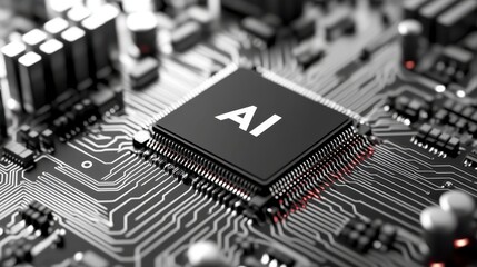 AI Processor on Circuit Board Close Up of Black Microchip with Red Accents