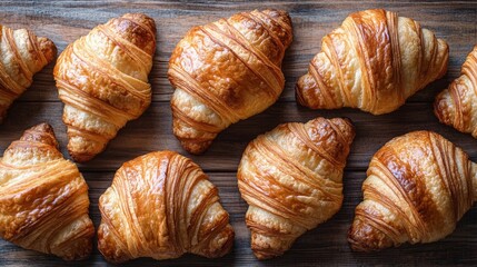 A top-down view of freshly baked croissants on a rustic wooden table, showcasing their flaky texture and golden brown crusts in soft natural light.
