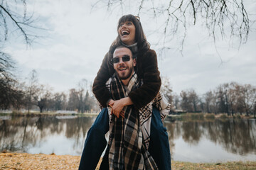 A happy couple shares a playful piggyback ride surrounded by trees and autumn foliage, smiling and...
