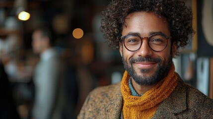 Obraz premium Smiling man, coffee shop, blurred background, portrait, website