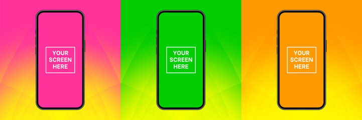 Mockup of a phone screen. Social media promotion. Pink, green and orange abstract backgrounds with abstract pattern. Smartphone display. Device front view. 3D mobile phone. Cell phone