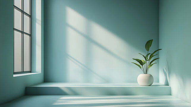 A serene minimalist room featuring a white pot with lush green leaves, bathed in soft natural light from a large window