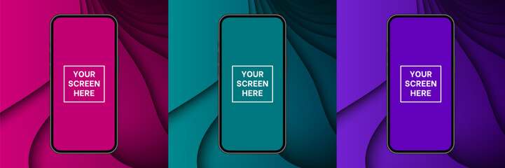 Mockup of a phone screen. Pink, teal green and purple backgrounds with abstract waves. Advertising on a smartphone display. Device front view. 3D mobile phone. Cell phone