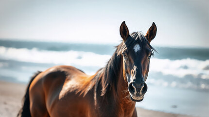 Obraz premium Beautiful bay horse on beach. Brown and black equine looking in camera on a sunny seaside with waves on background