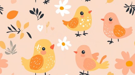 Fototapeta premium seamless pattern Easter chicks in ornamentation on light coral background