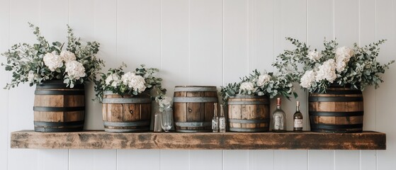 Fototapeta premium Four wooden barrels filled with vibrant flowers are displayed on a rustic shelf, creating a charming and inviting atmosphere.