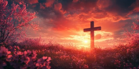 Sunset casts radiant light over cross surrounded by blooming flowers in tranquil landscape