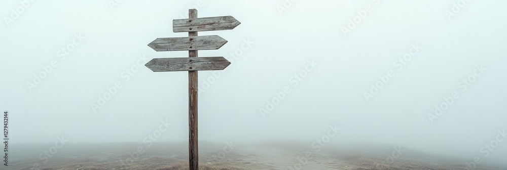 Poster Wooden signpost with four blank arrows pointing in different directions on a foggy day, creating a mysterious and uncertain atmosphere, symbolizing difficult choices and the fear of better options