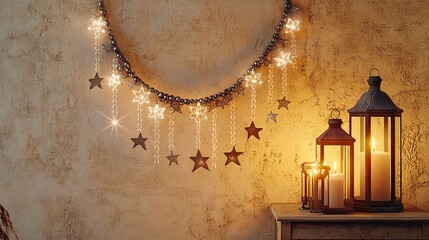 A crescent and star garland handmade from translucent beads