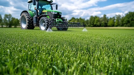 Obraz premium Tractor works on lush green grass while a farmer mixes chemicals for agricultural tasks in a blurred background