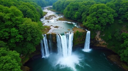 Fototapeta premium A breathtaking aerial view of a powerful waterfall cascading into a turquoise pool, surrounded by lush green forest. Nature’s beauty at its finest. 