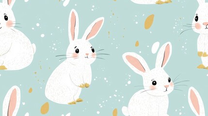Fototapeta premium seamless pattern Playful Easter bunnies on soft azure background in loft 