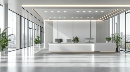 Fototapeta premium Modern Office Reception Area with Large Windows and Bright Lighting