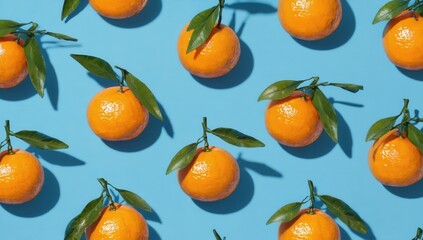 A repeating pattern of orange tangerines with green leaves, scattered on a bright blue background.