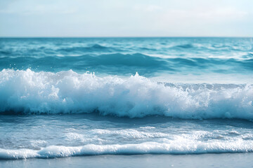 Fototapeta premium Waves crashing gently on the sandy beach at sunrise with a calm ocean view