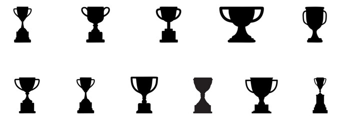 A set of black trophy silhouettes related to championship awards, isolated on a white background. Trophy cups, vector icons and sports awards.