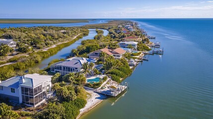Aerial perspective showcasing a serene waterway lined with houses and boats gently floating on the water's surface.