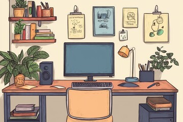 Hand drawn modern office. AI generated illustration.