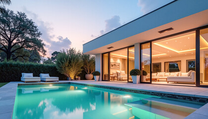 Luxury modern house with large glass windows and a sunset-lit pool, showcasing exclusivity and sophistication in real estate branding.
