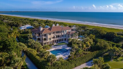 Naklejka premium Aerial perspective showcasing an expansive house featuring a pool, surrounded by sandy beach, emphasizing luxury and coastal living.