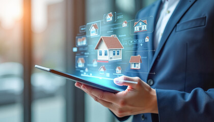 Realtor's hand scrolling through property listings on a digital tablet, modern real estate concept, urban backdrop.