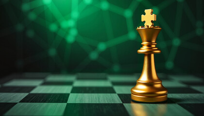 Golden chess king piece on a dark chessboard with a vibrant emerald green background, symbolizing strategic decision-making and corporate leadership concept.