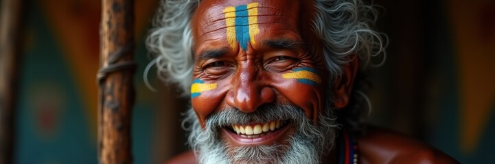 Obraz premium A joyful elderly man with colorful facial paint, showcasing his vibrant culture, wisdom, and a warm smile, set against a rustic background.