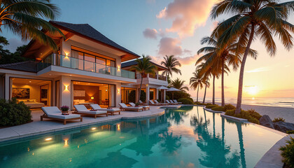 Obraz premium Luxurious beachfront villa at sunset with golden palm trees and a sparkling pool, emphasizing high-value real estate concept.