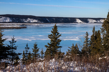 Blue ice on frozen river in interior Alaska