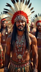Fototapeta premium Vibrant portrait of a man wearing a traditional Native American headdress, adorned with intricate jewelry, showcasing cultural heritage and pride.