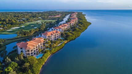 Fototapeta premium A scenic aerial view showcases a luxurious resort featuring a pristine golf course adjacent to a tranquil lake, surrounded by lush greenery.