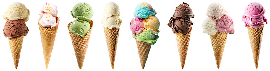 PNG Colorful ice cream cones variety, element set on transparent background