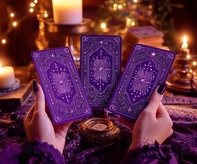 purple tarot psychic reading tarot reader showing 3 cards at a table lights 