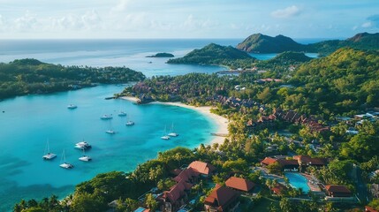 Fototapeta premium Aerial view of a serene beach featuring various boats gently floating on the clear blue water under a bright sky.