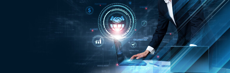 Business Cooperation: Businessman uses laptop and synchronize data of partners on computer device with global network, collaboration, resource sharing, communication, efficiency, and mutual growth.