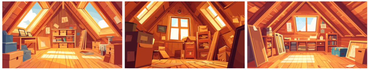 attics set cartoon triangular wooden attic background, windows boxes light day books non-residential premises roof vector illustration © ssstocker