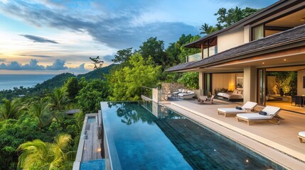 Fototapeta premium Aerial view showcasing a serene pool and lounge area with an expansive ocean backdrop, perfect for relaxation and leisure.