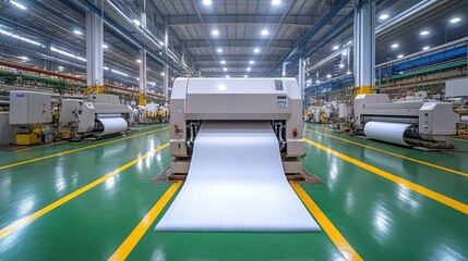 Fototapeta premium Modern paper factory interior showing large industrial machinery processing and producing paper rolls. Clean, efficient production line.