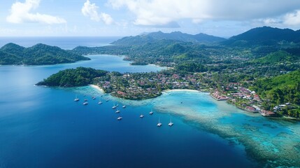 Obraz premium Aerial view showcasing a tranquil small island surrounded by water, featuring a few boats gently floating nearby.