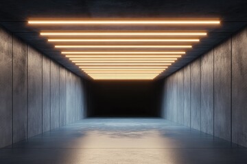 Fototapeta premium Illuminated tunnel entrance in spacious dark hall with lights and copyspace. AI generated illustration.
