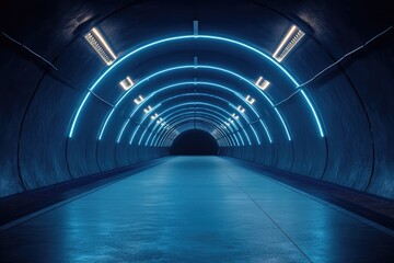 Illuminated tunnel entrance in spacious dark hall with lights and copyspace. AI generated illustration.
