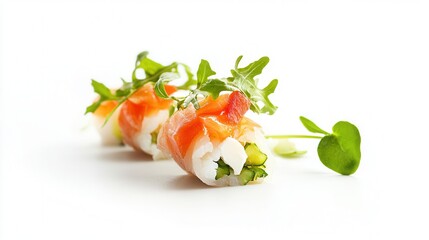 Three sushi rolls topped with salmon and fresh vegetables, beautifully arranged for a delicious presentation.