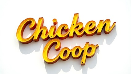 A chicken coop sign features bold, yellow lettering against a light wall