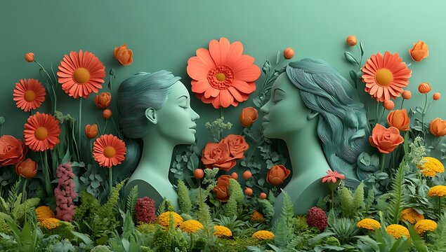  Two Green-Toned Busts of Women Facing Each Other Amid Orange Flowers
