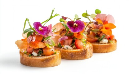 Three slices of bread elegantly adorned with flowers, creating a visually appealing and artistic presentation.