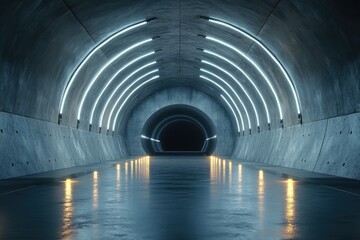 Fototapeta premium Illuminated tunnel entrance in spacious dark hall with lights and copyspace. AI generated illustration.