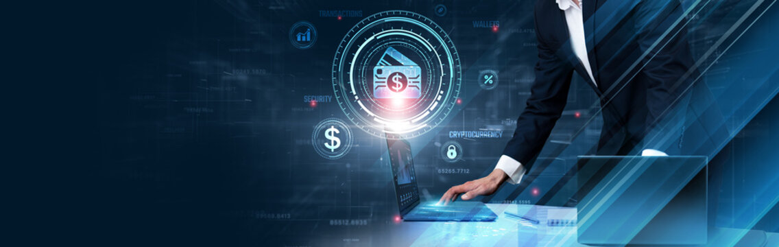 Digital Payments: Businessman uses laptop and synchronize data of transactions on computer device with global network, secure processing, mobile wallets, payment gateways, encryption